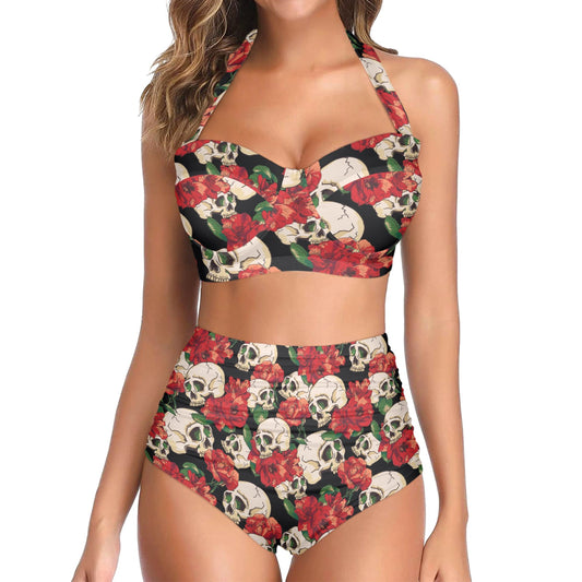 Skull Red Rose Halter Neck Bikini Swimsuit