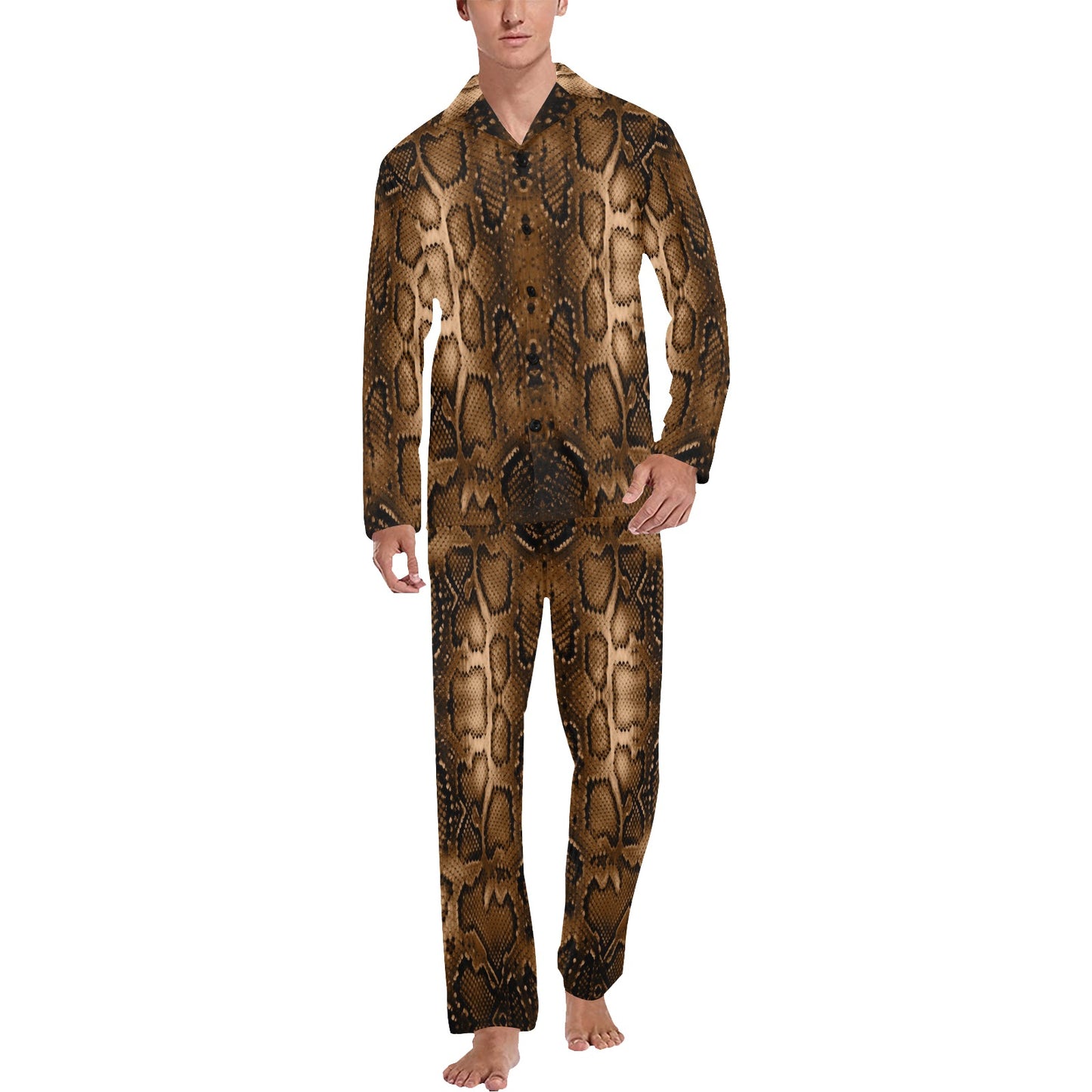 Snake Skin Brown Print Men's Long Pajama Set