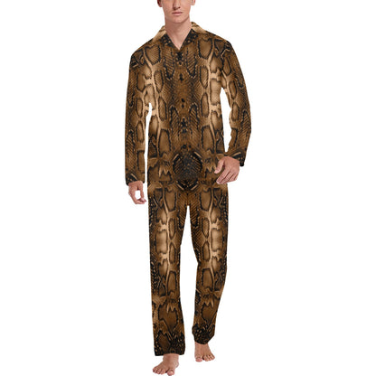 Snake Skin Brown Print Men's Long Pajama Set