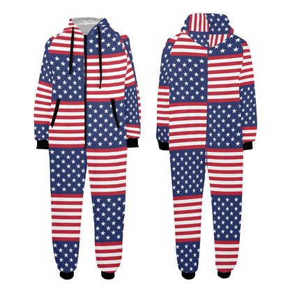 Patriotic US Flag Pattern Print Design A03 Hooded Fleece Onesie Pajama Jumpsuit