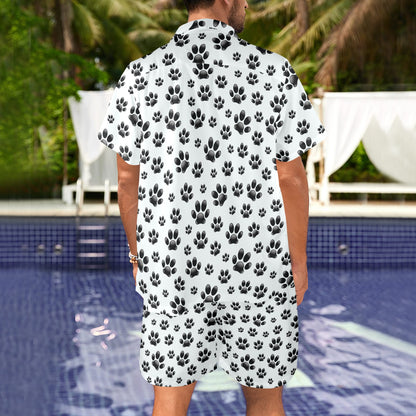 Paw Themed Print Men's Beach Shirt and Shorts Set