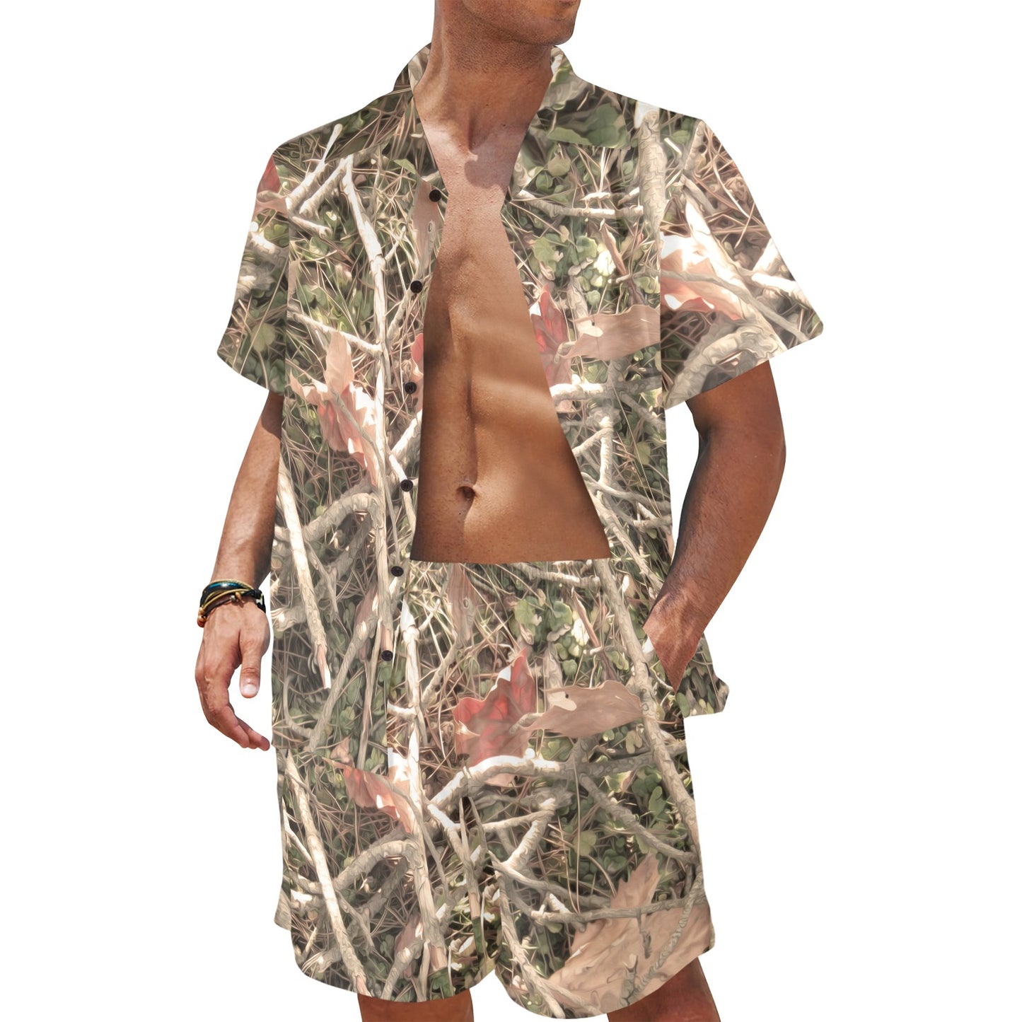 Camouflage Realistic Tree Authumn Print Men's Beach Shirt and Shorts Set