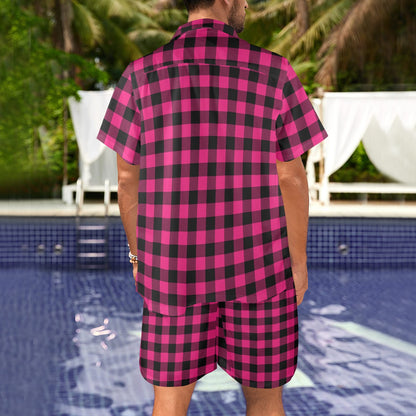Pink Tartan Plaid Pattern Men's Beach Shirt and Shorts Set