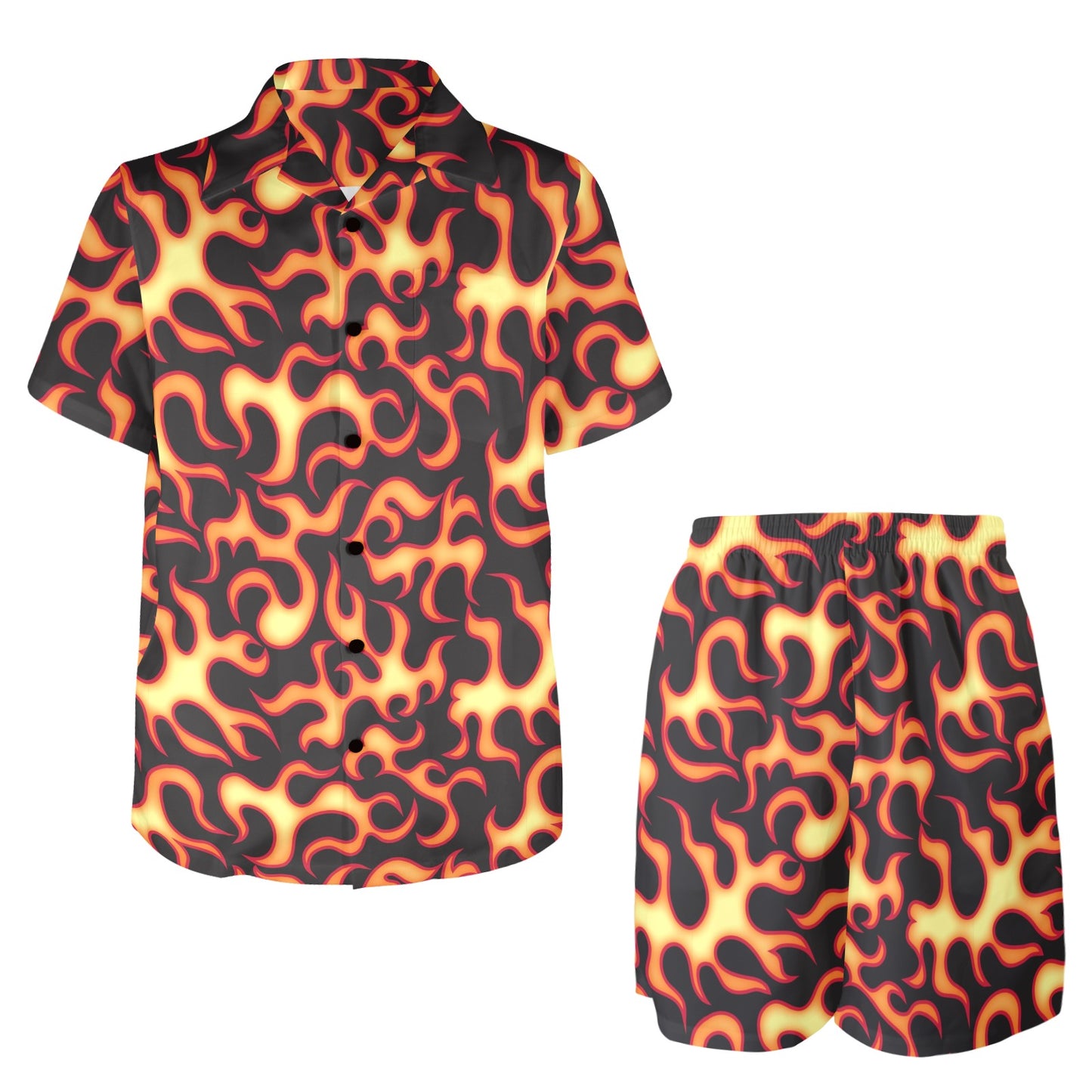 Flame Fire Themed Print Men's Beach Shirt and Shorts Set