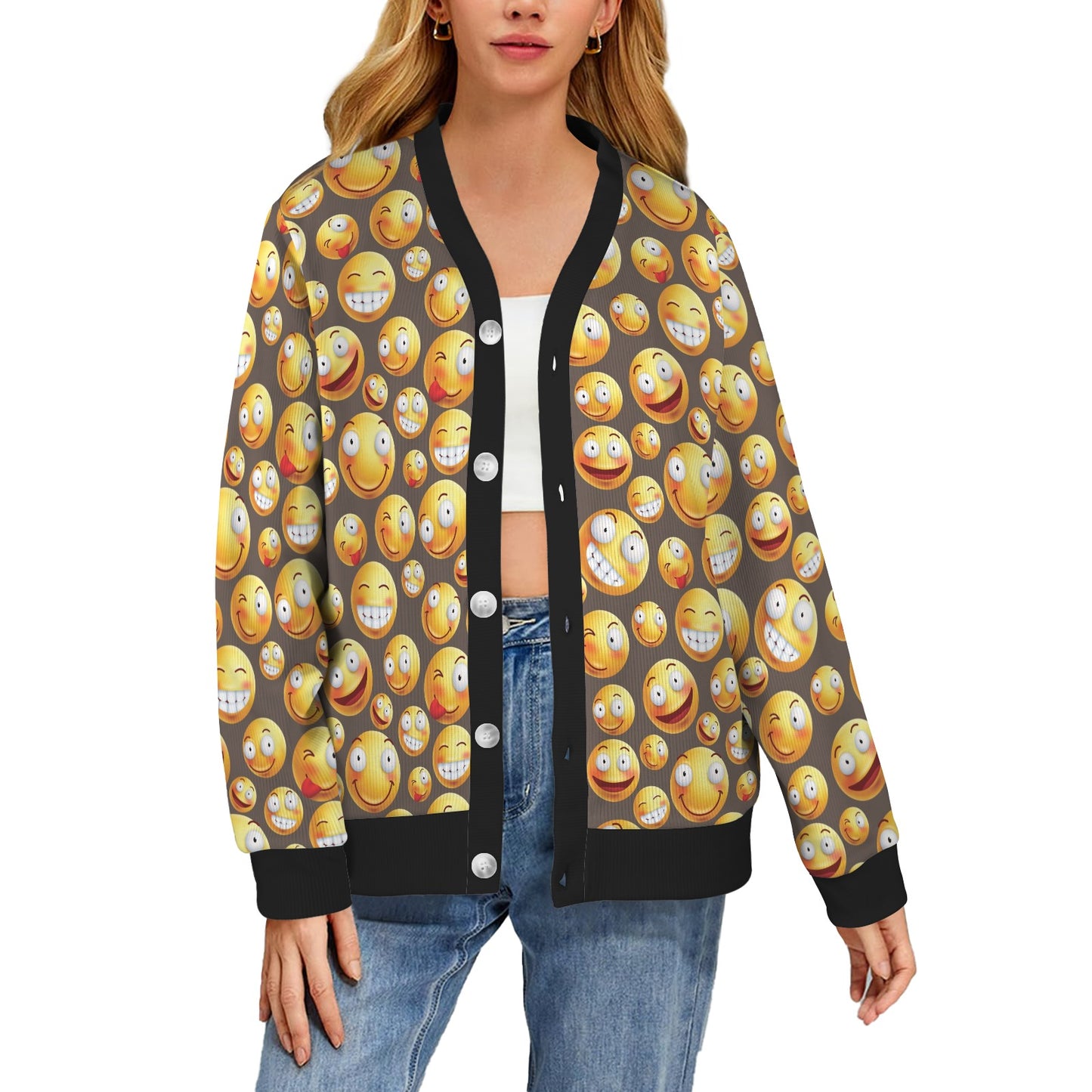 Smiley Face Emoji Print Design LKS303 Women's Cardigan