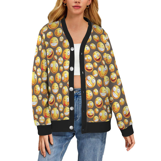Smiley Face Emoji Print Design LKS303 Women's Cardigan