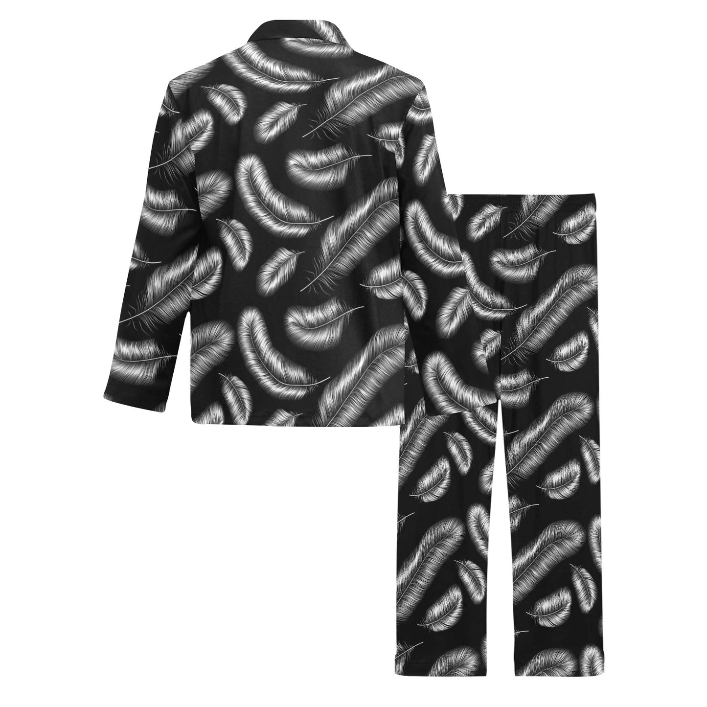 Feather Black White Design Print Men's Long Pajama Set