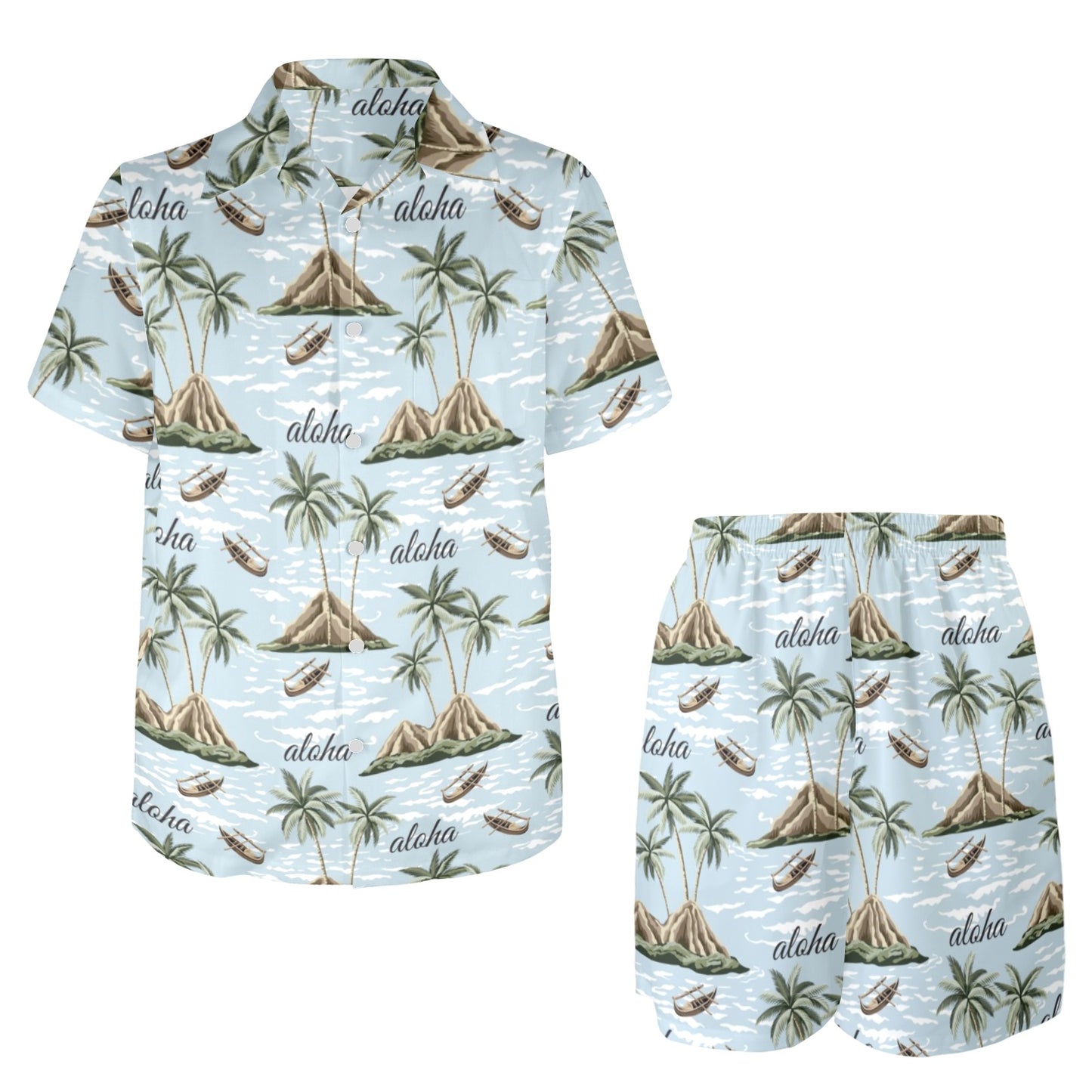 Aloha Hawaii island Design Themed Print Men's Beach Shirt and Shorts Set