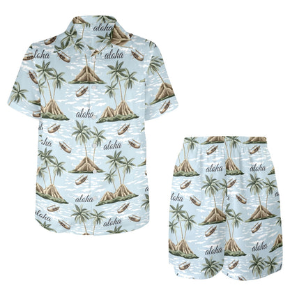 Aloha Hawaii island Design Themed Print Men's Beach Shirt and Shorts Set