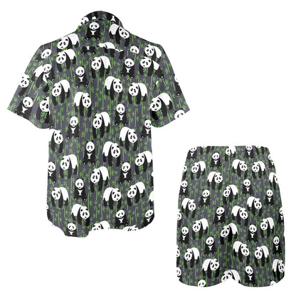 Panda Bear Bamboo Themed Print Men's Beach Shirt and Shorts Set