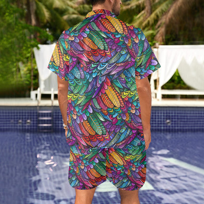 Feather Multicolor Design Print Men's Beach Shirt and Shorts Set
