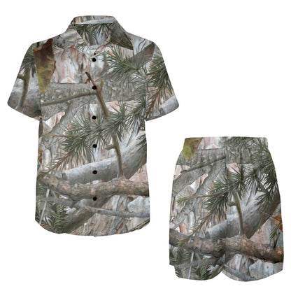 Camo Realistic Tree Forest Pattern Men's Beach Shirt and Shorts Set