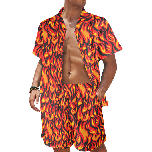 Flame Fire Print Pattern Men's Beach Shirt and Shorts Set