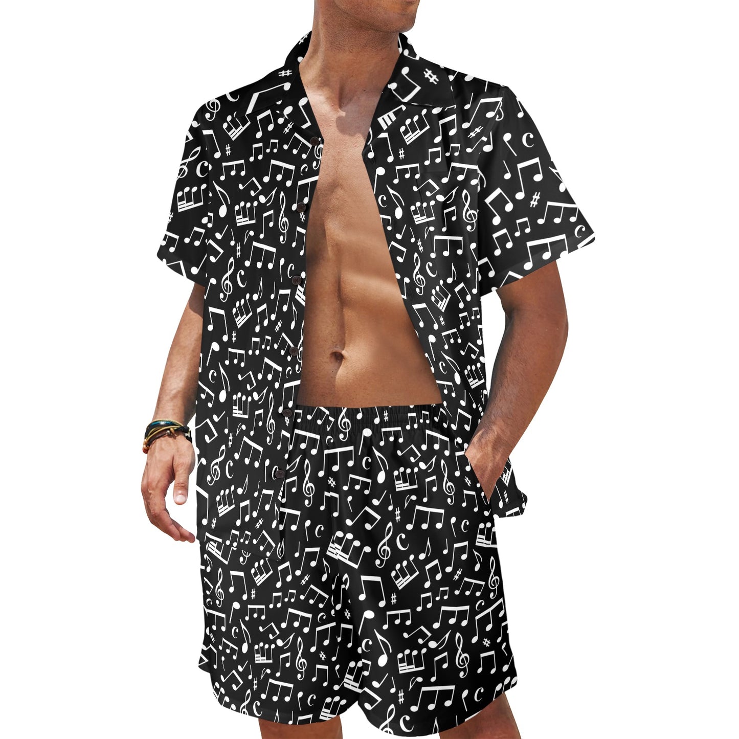 Music Note Black white Themed Print Men's Beach Shirt and Shorts Set