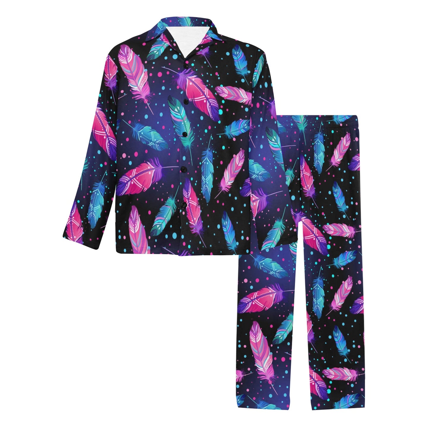 Feather Colorful Boho Design Print Men's Long Pajama Set