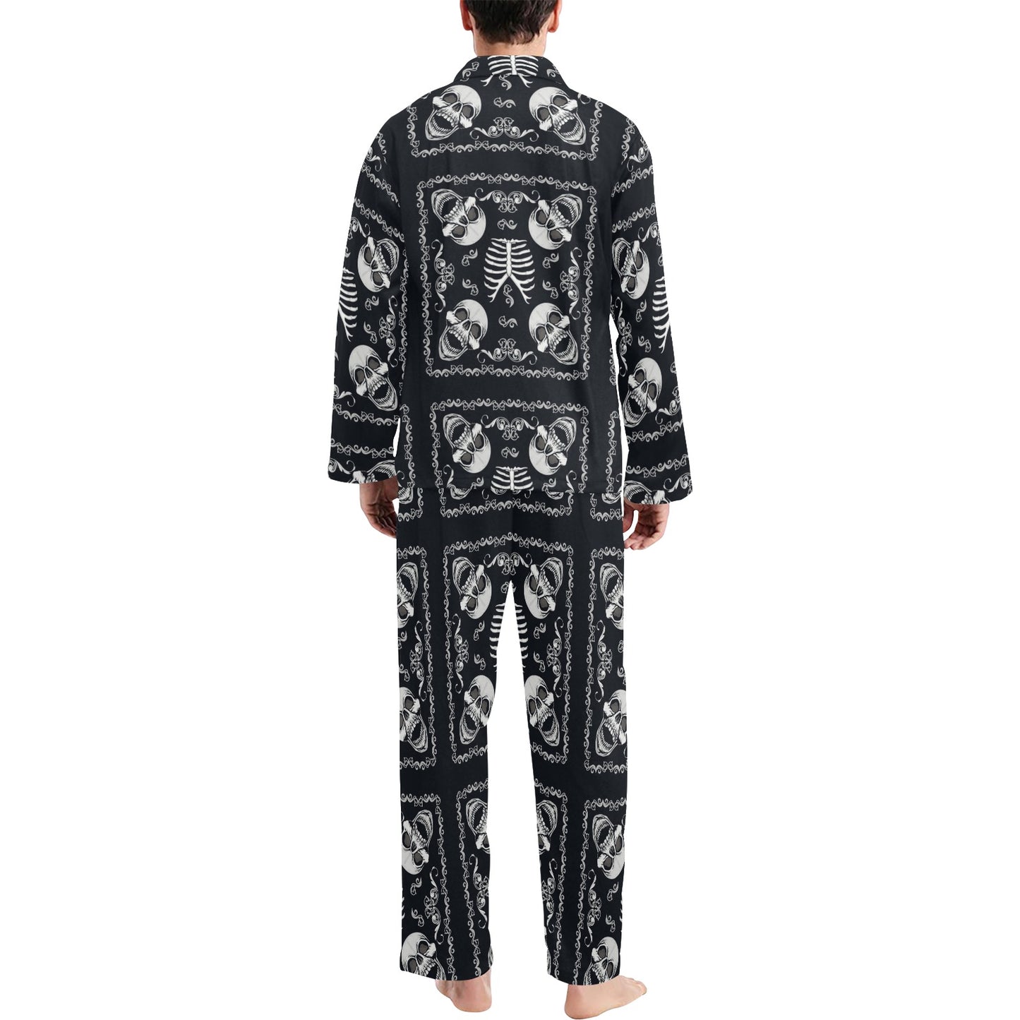 Bandana Skull Black White Print Design LKS306 Men's Long Pajama Set