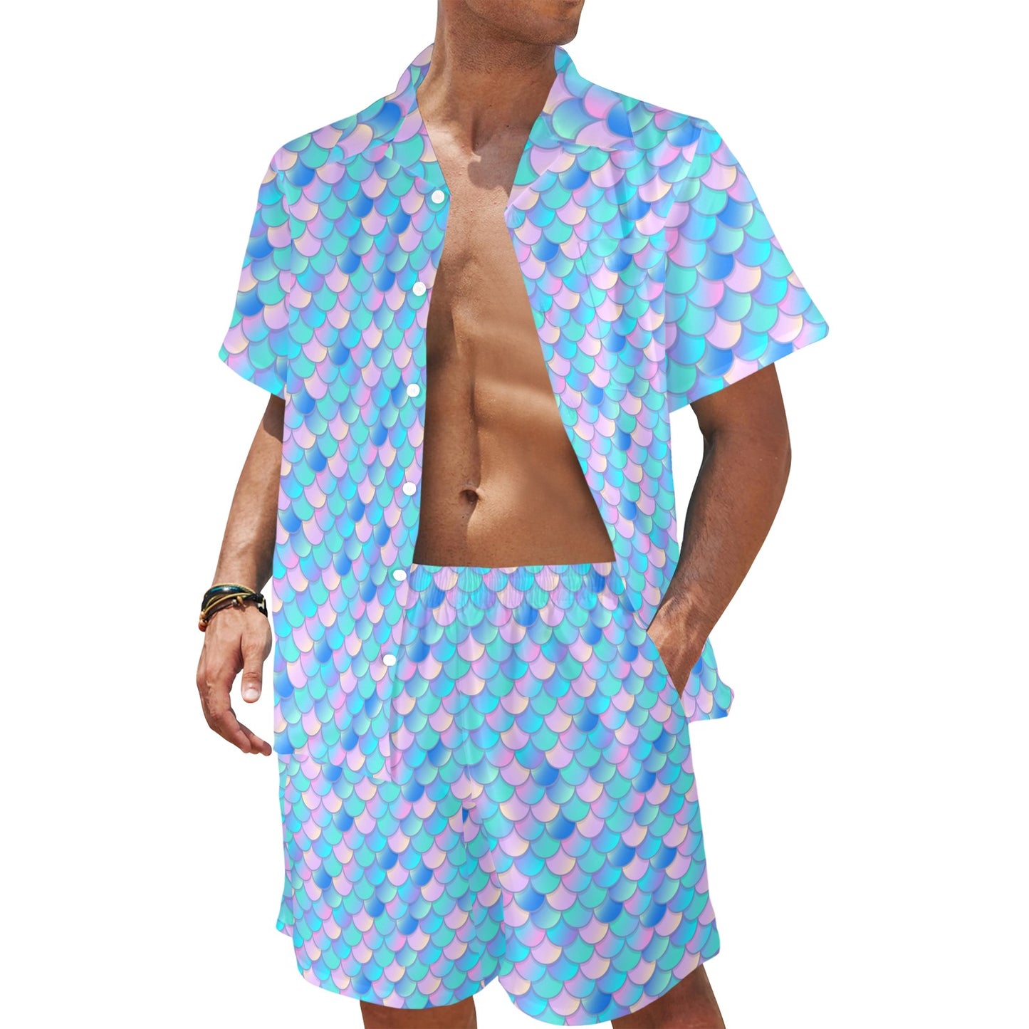 Mermaid Scales Pastel Pattern Print Design 07 Men's Beach Shirt and Shorts Set