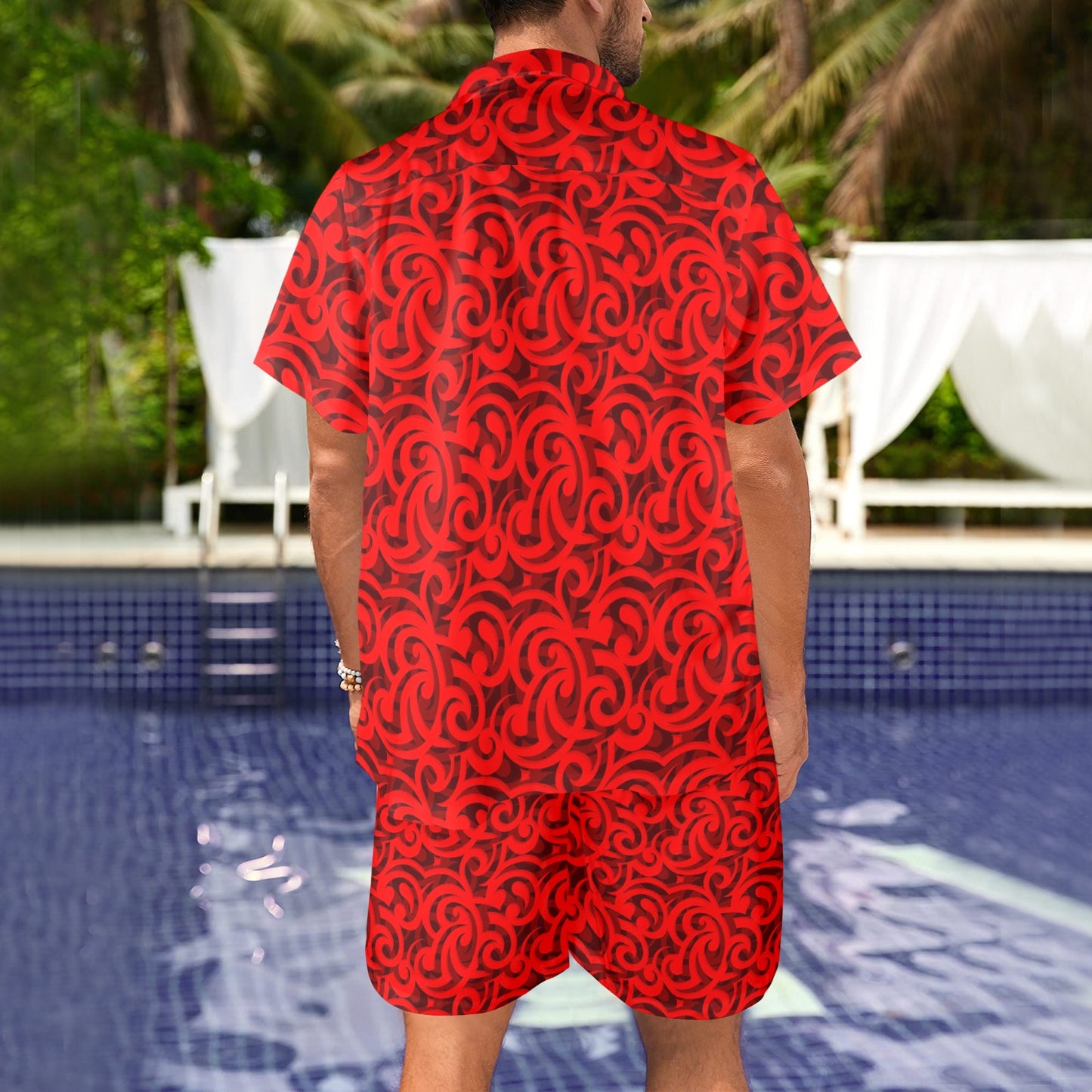 Maori Red Themed Design Print Men's Beach Shirt and Shorts Set