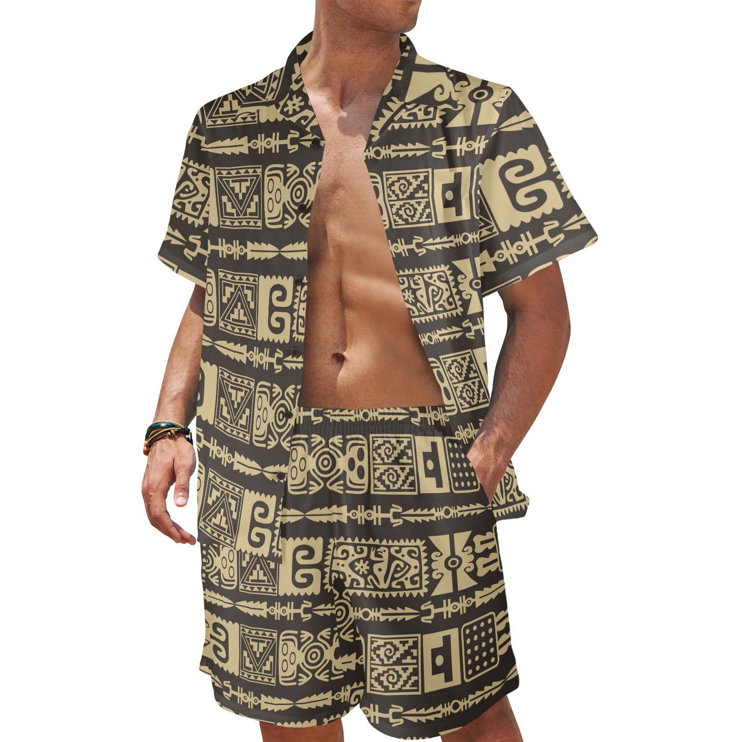 Mayan Pattern Print Design 03 Men's Beach Shirt and Shorts Set