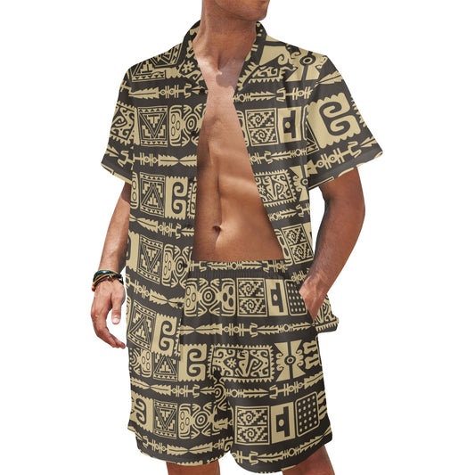 Mayan Pattern Print Design 03 Men's Beach Shirt and Shorts Set