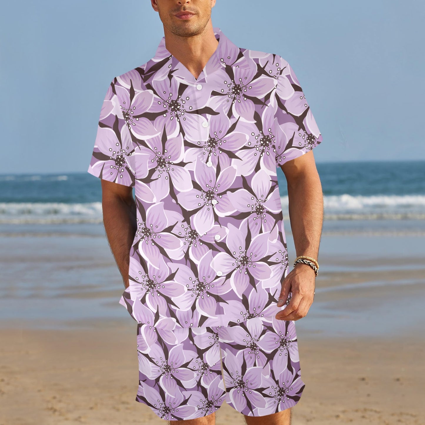 Lilac Pattern Print Design 01 Men's Beach Shirt and Shorts Set