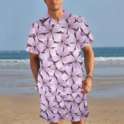 Lilac Pattern Print Design 01 Men's Beach Shirt and Shorts Set