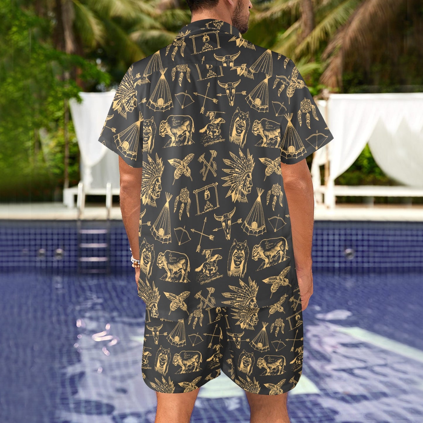 American indian Gold Style Men's Beach Shirt and Shorts Set