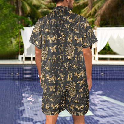 American indian Gold Style Men's Beach Shirt and Shorts Set