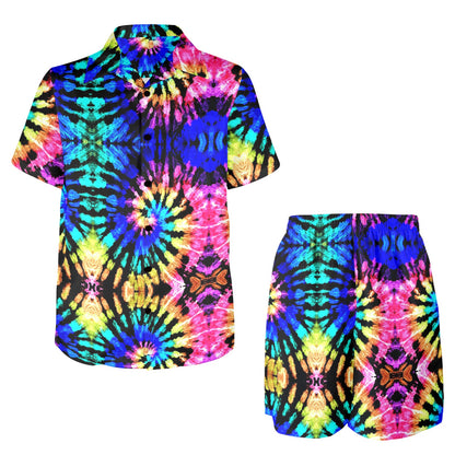 Tie Dye Rainbow Design Print Men's Beach Shirt and Shorts Set