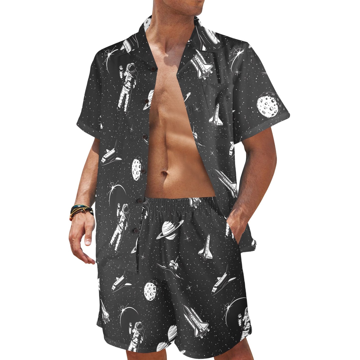 Space Pattern Men's Beach Shirt and Shorts Set