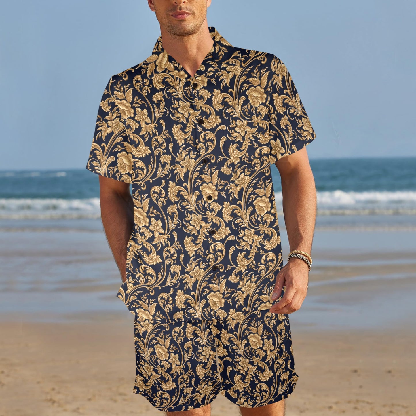 Baroque Golden Pattern Print Design 03 Men's Beach Shirt and Shorts Set