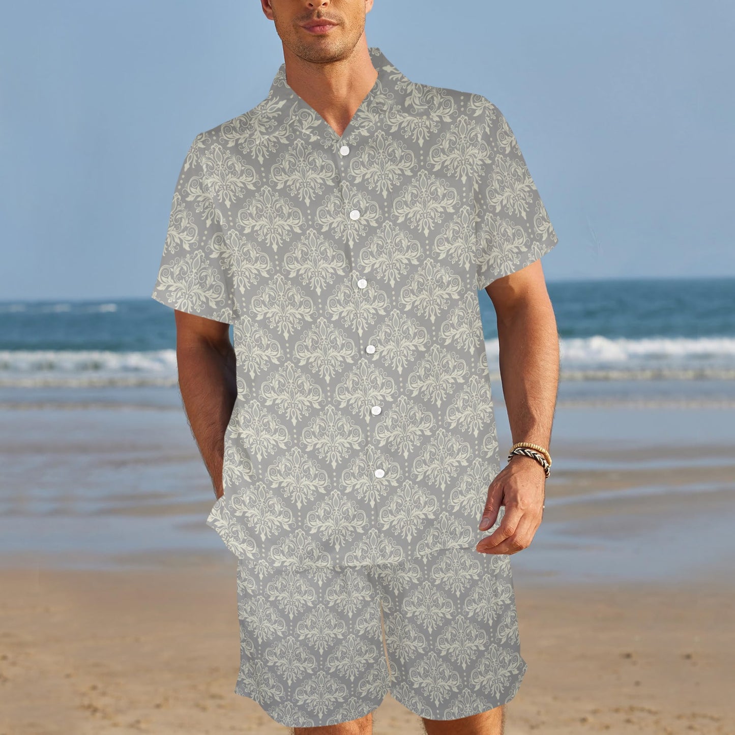 Damask Grey Elegant Print Pattern Men's Beach Shirt and Shorts Set