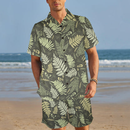Fern Leave Green Print Pattern Men's Beach Shirt and Shorts Set