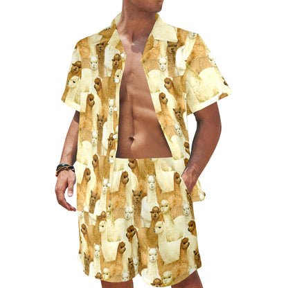 Alpaca Watercolor Design Themed Print Men's Beach Shirt and Shorts Set
