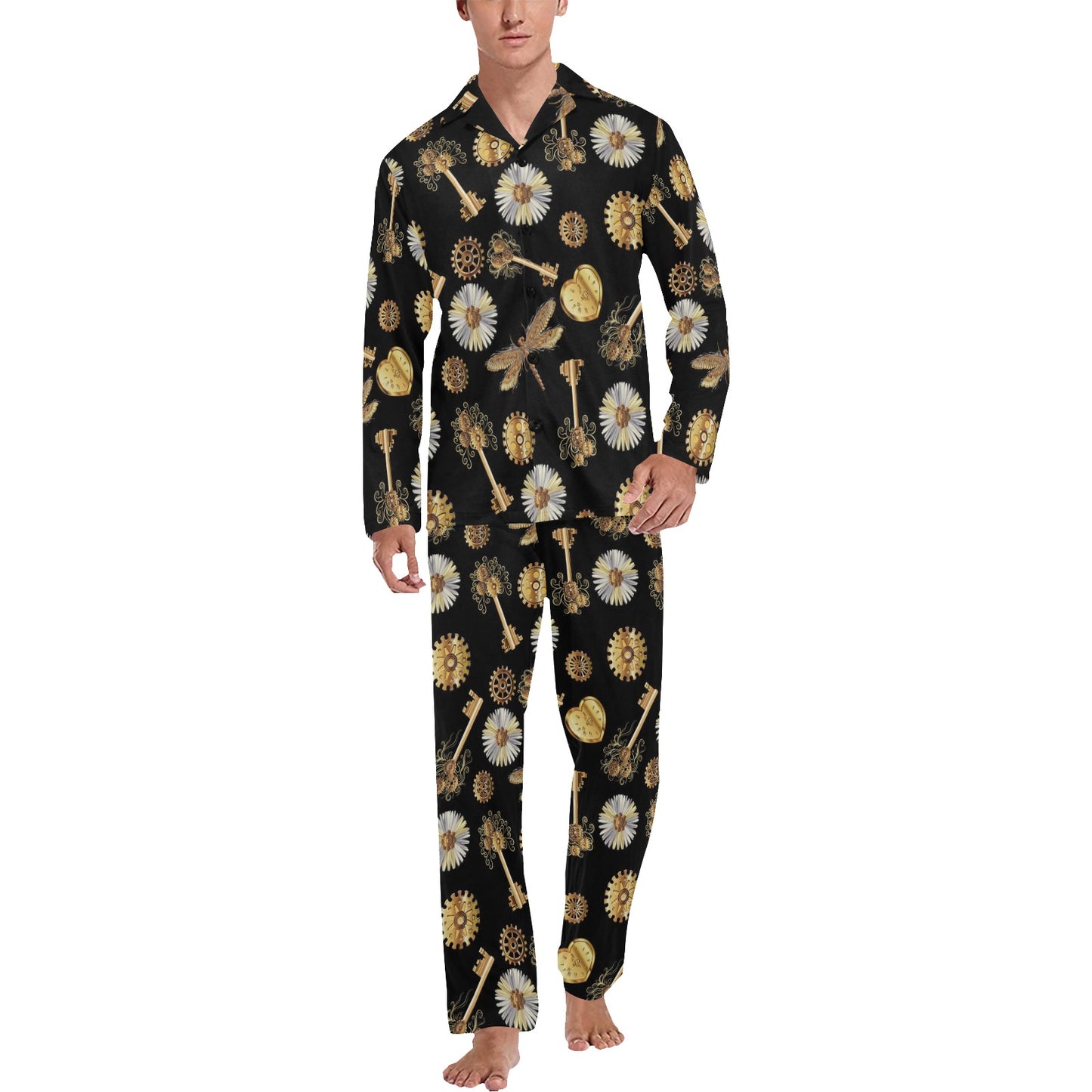 Steampunk Key Dragonfly Print Design LKS303 Men's Long Pajama Set