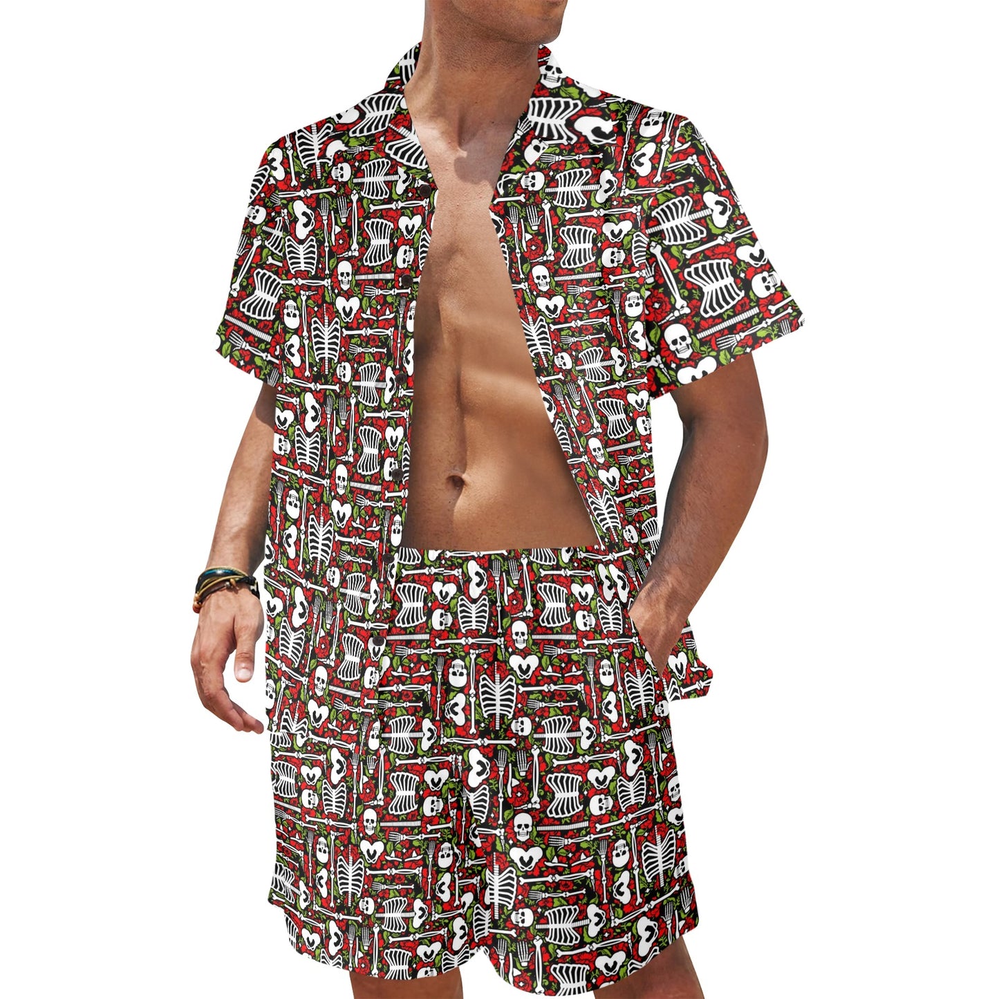Skeleton Pattern Print Men's Beach Shirt and Shorts Set