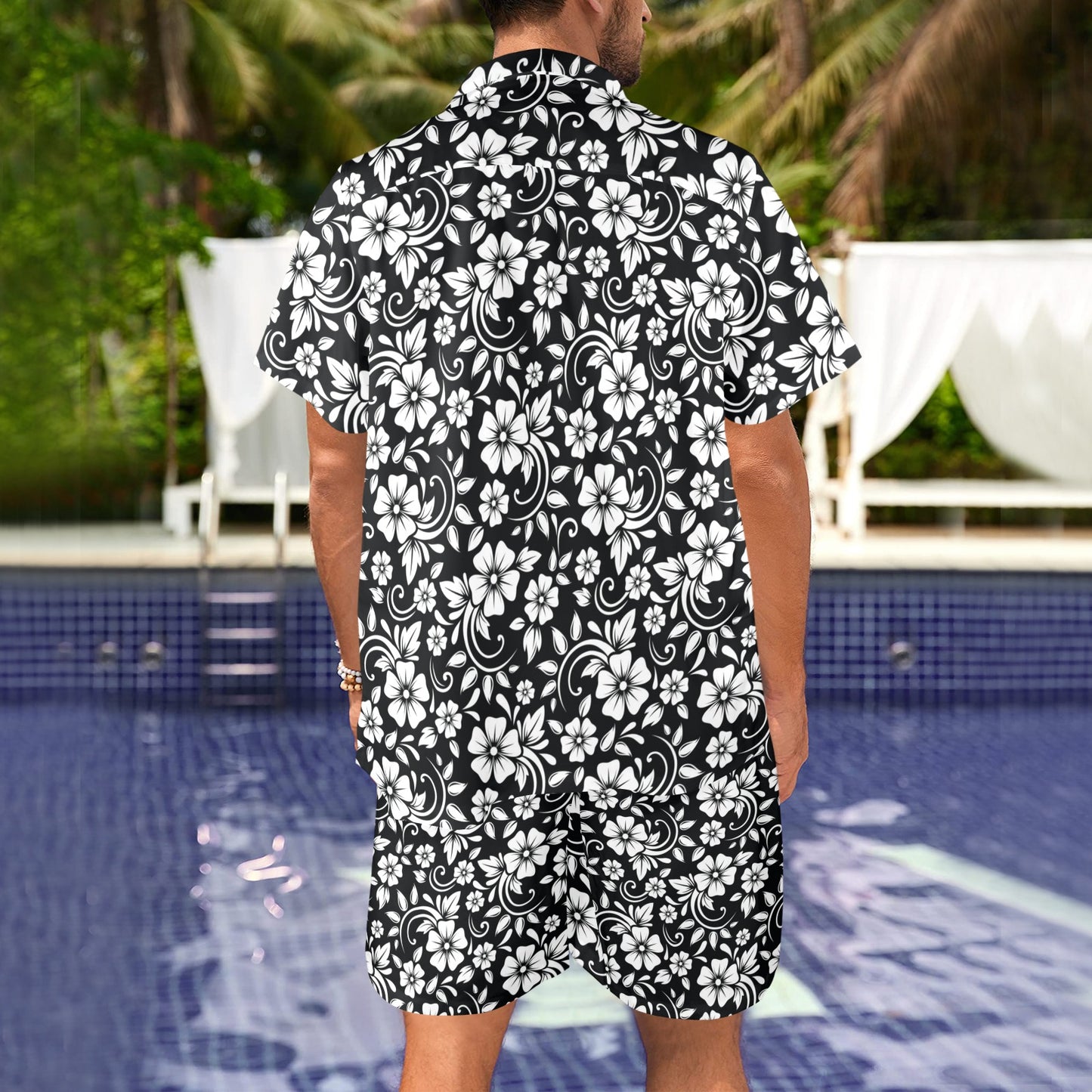 Floral Black White Themed Print Men's Beach Shirt and Shorts Set