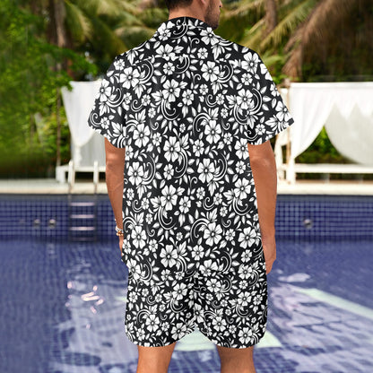 Floral Black White Themed Print Men's Beach Shirt and Shorts Set