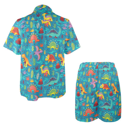Dinosaur Cartoon Style Men's Beach Shirt and Shorts Set