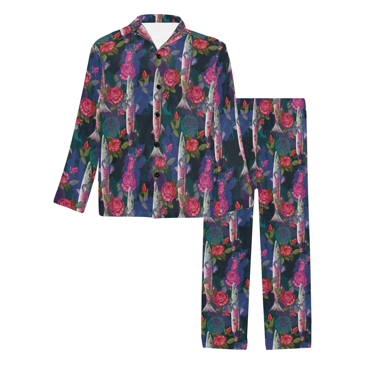 Barracuda with Folwer Pattern Print Design 01 Men's Long Pajama Set