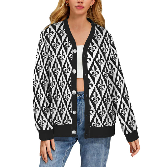 Fleur De Lis Black White Pattern Print Design 02 Women's Cardigan