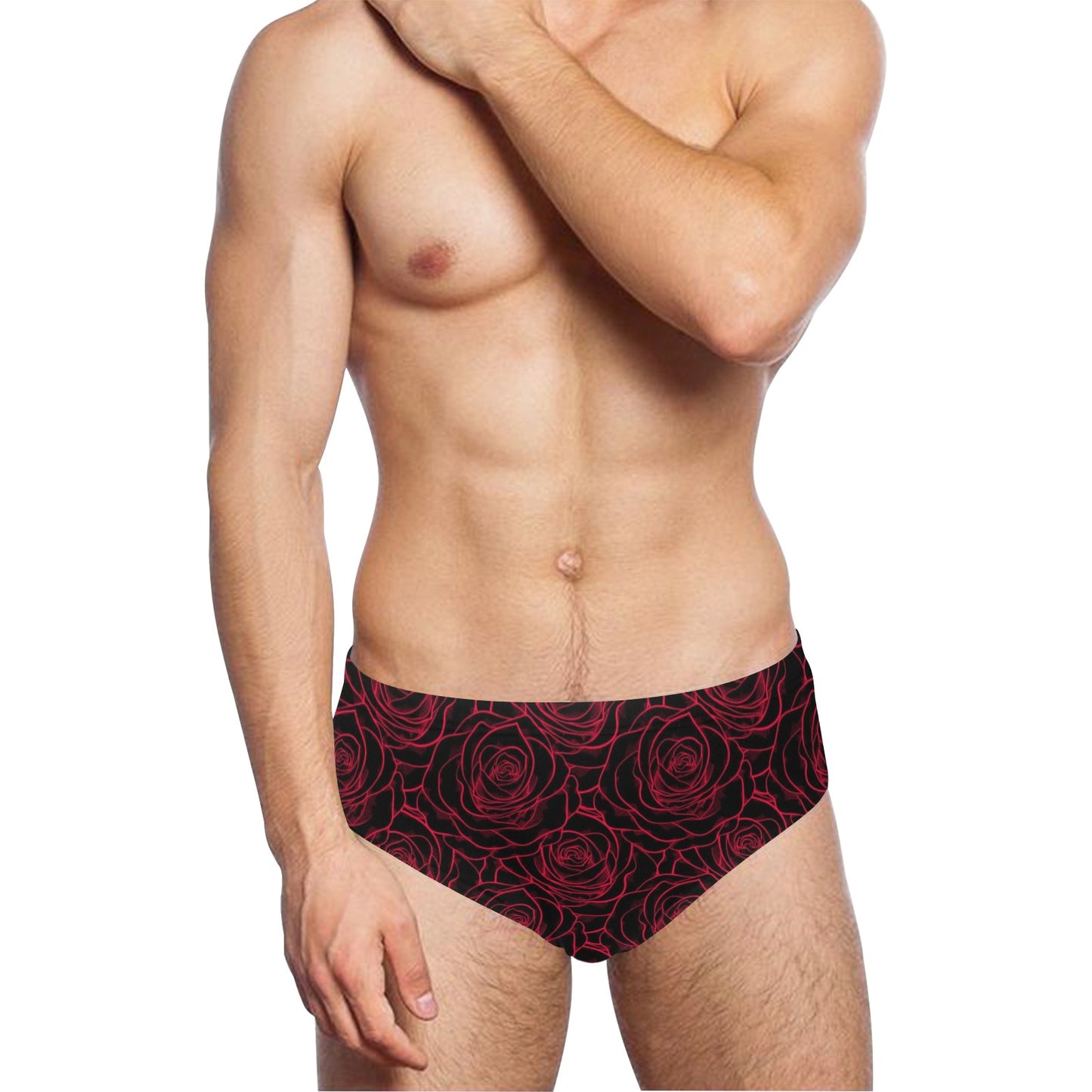 Red Rose Design Print Men's Swimming Briefs