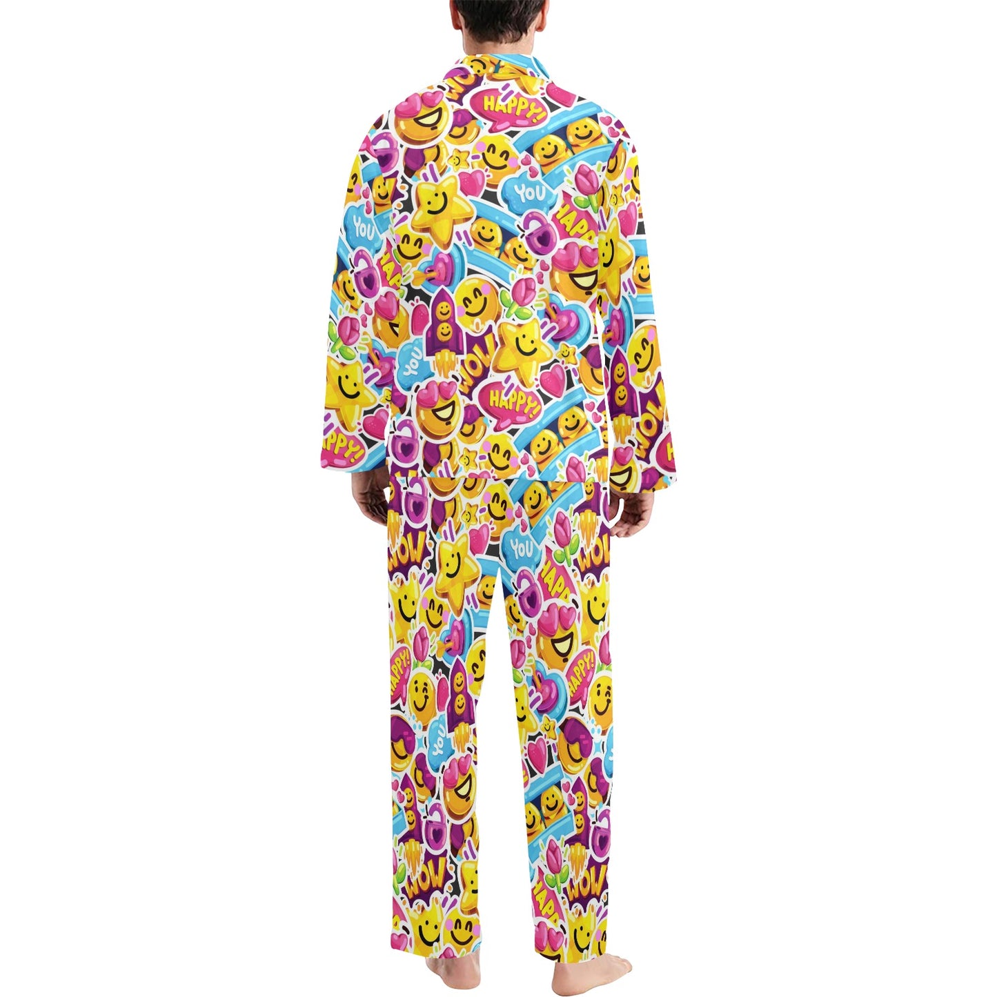 Emoji Sticker Print Pattern Men's Long Pajama Set