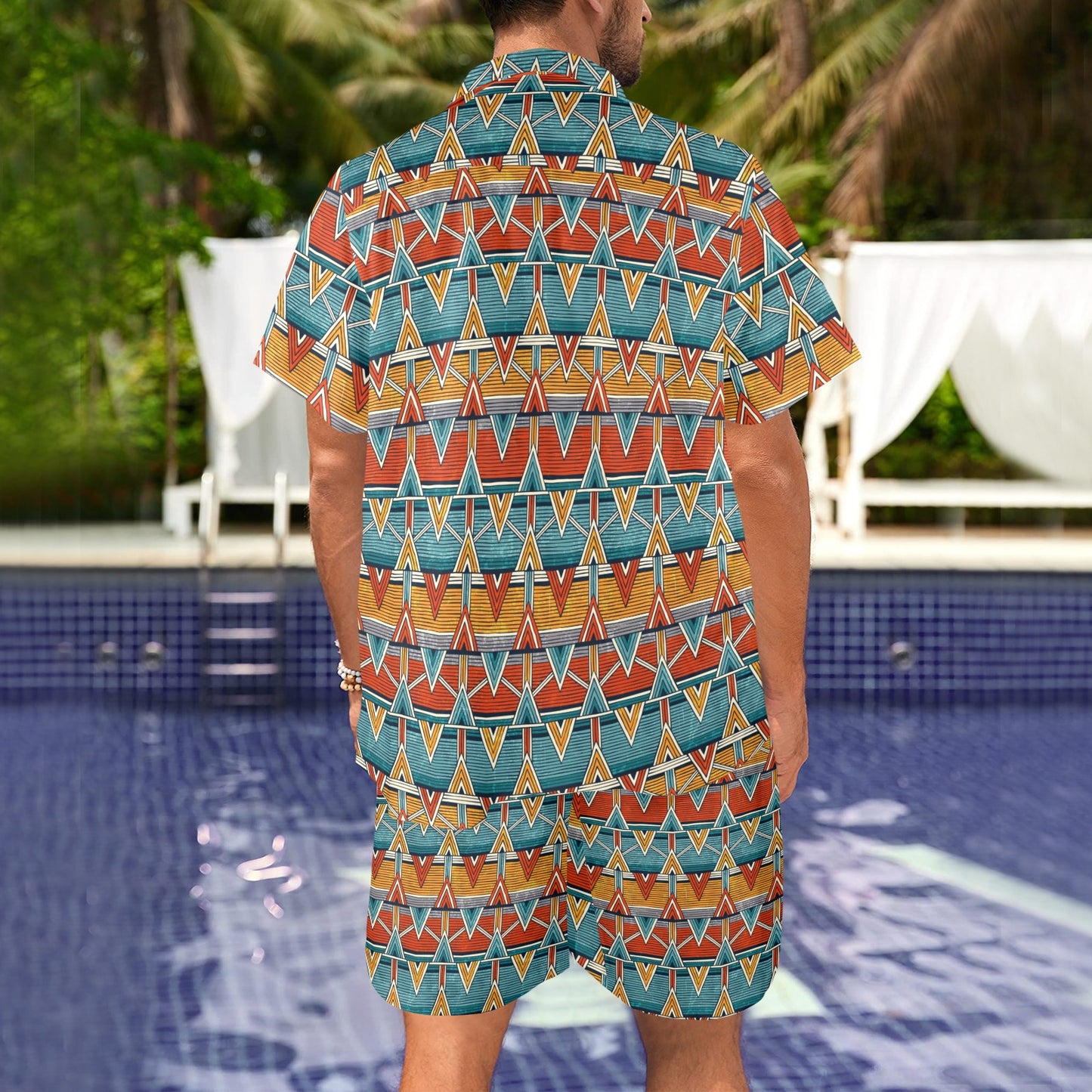 Kente Print African Design Themed Men's Beach Shirt and Shorts Set