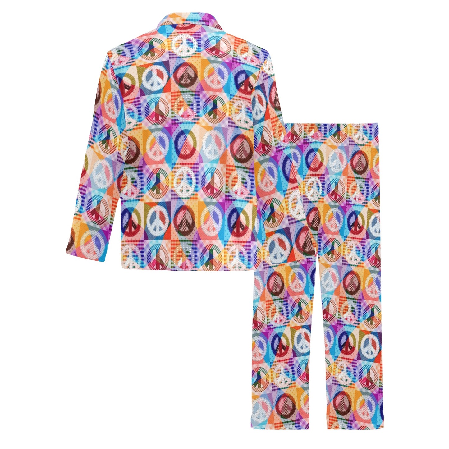 Peace Sign Patchwork Design Print Men's Long Pajama Set