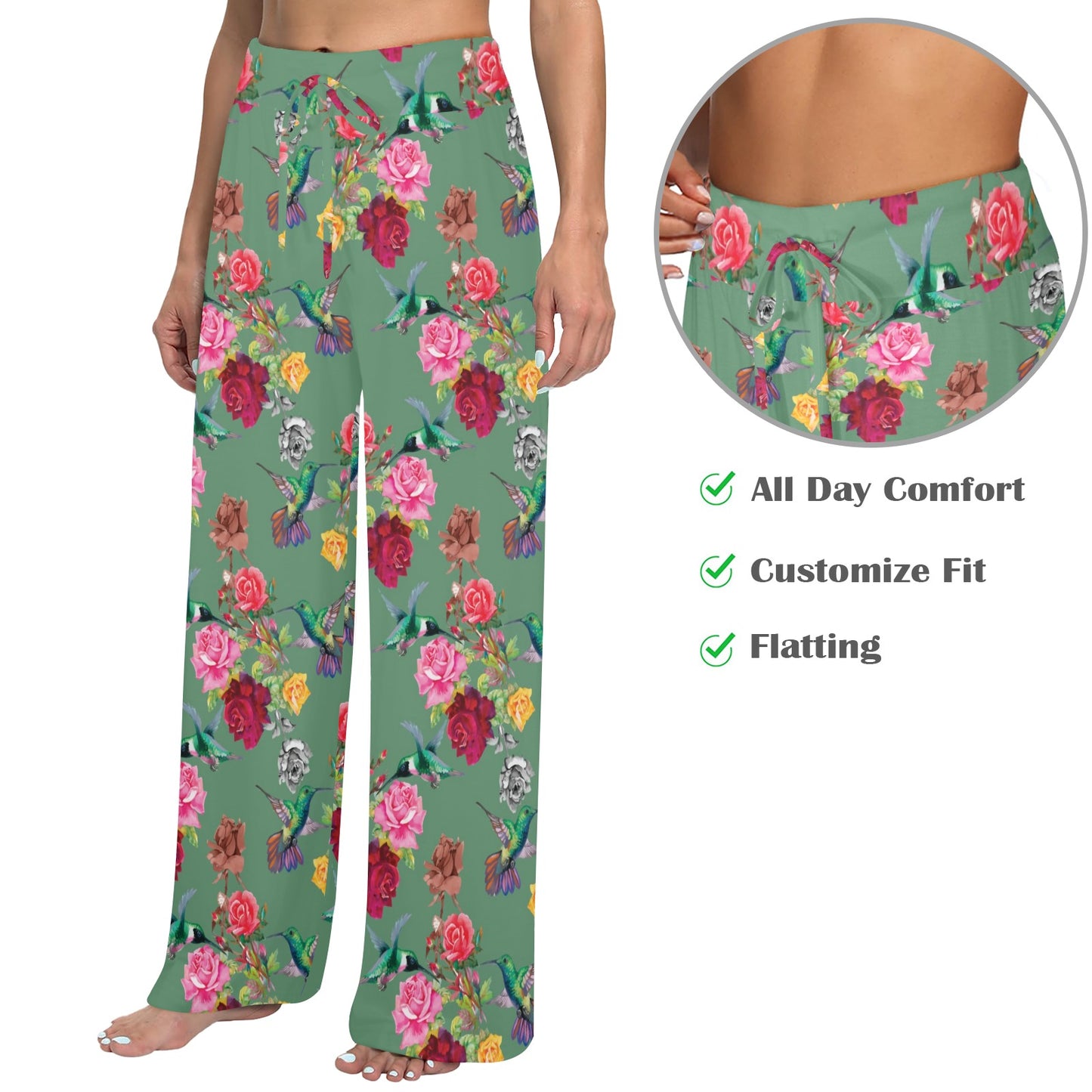 Hummingbird with Rose Themed Print Women's Wide Leg Lounge Pants