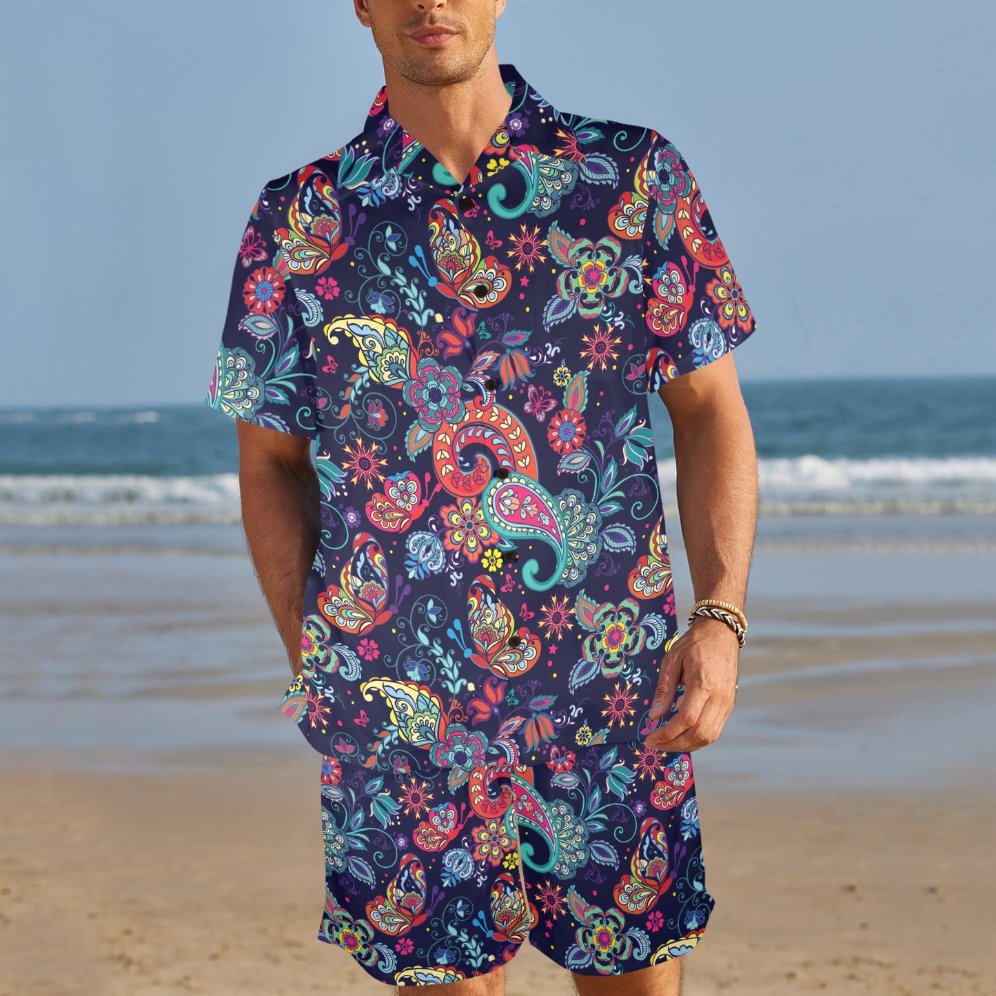 Paisley Boho Pattern Print Design A06 Men's Beach Shirt and Shorts Set