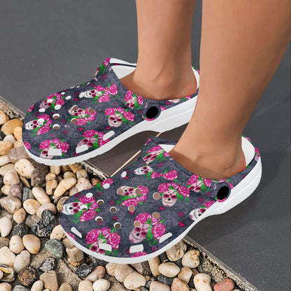 Sugar Skull Pink Rose Themed Print Unisex Clogs Shoes