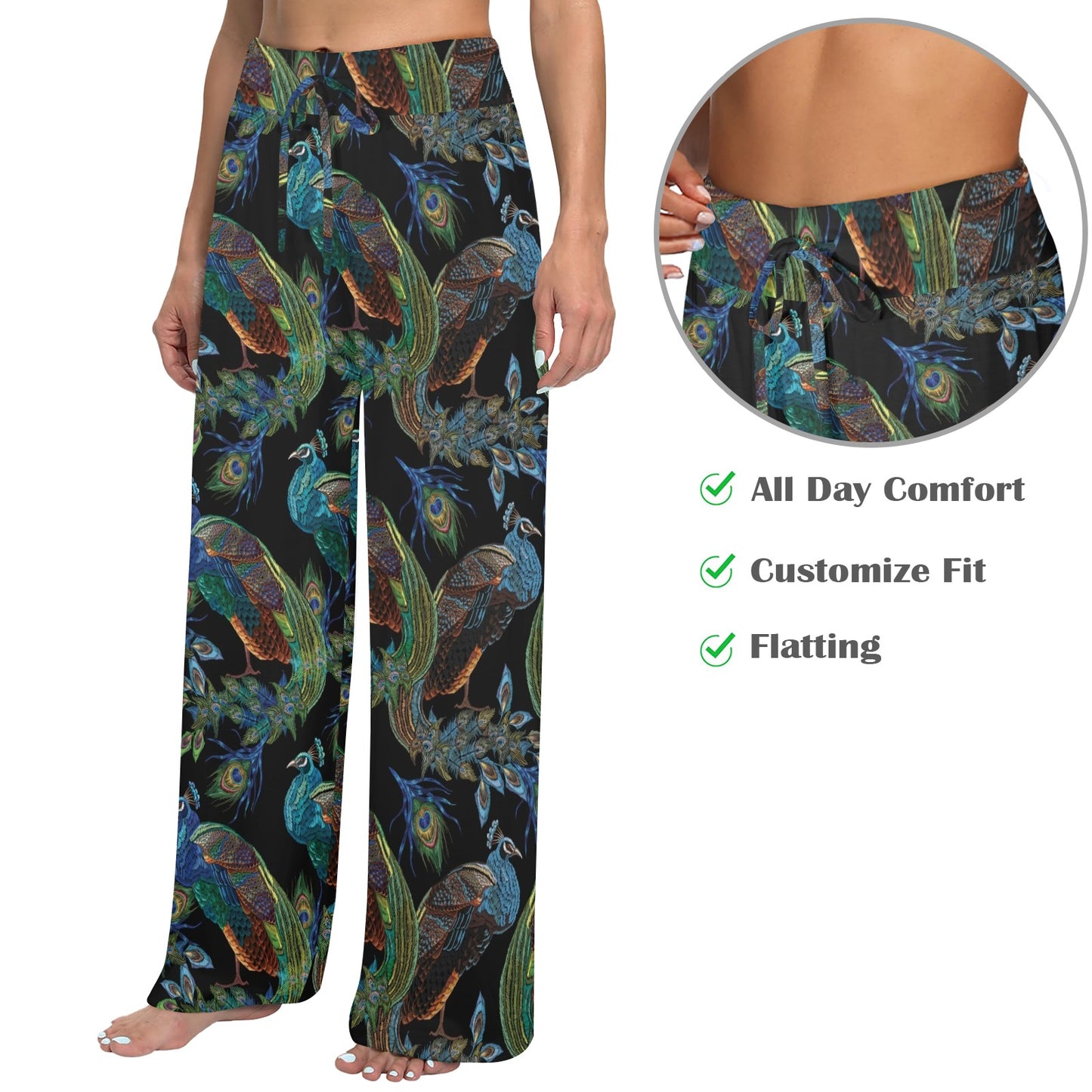 Peacock Pattern Print Design A04 Women's Wide Leg Lounge Pants
