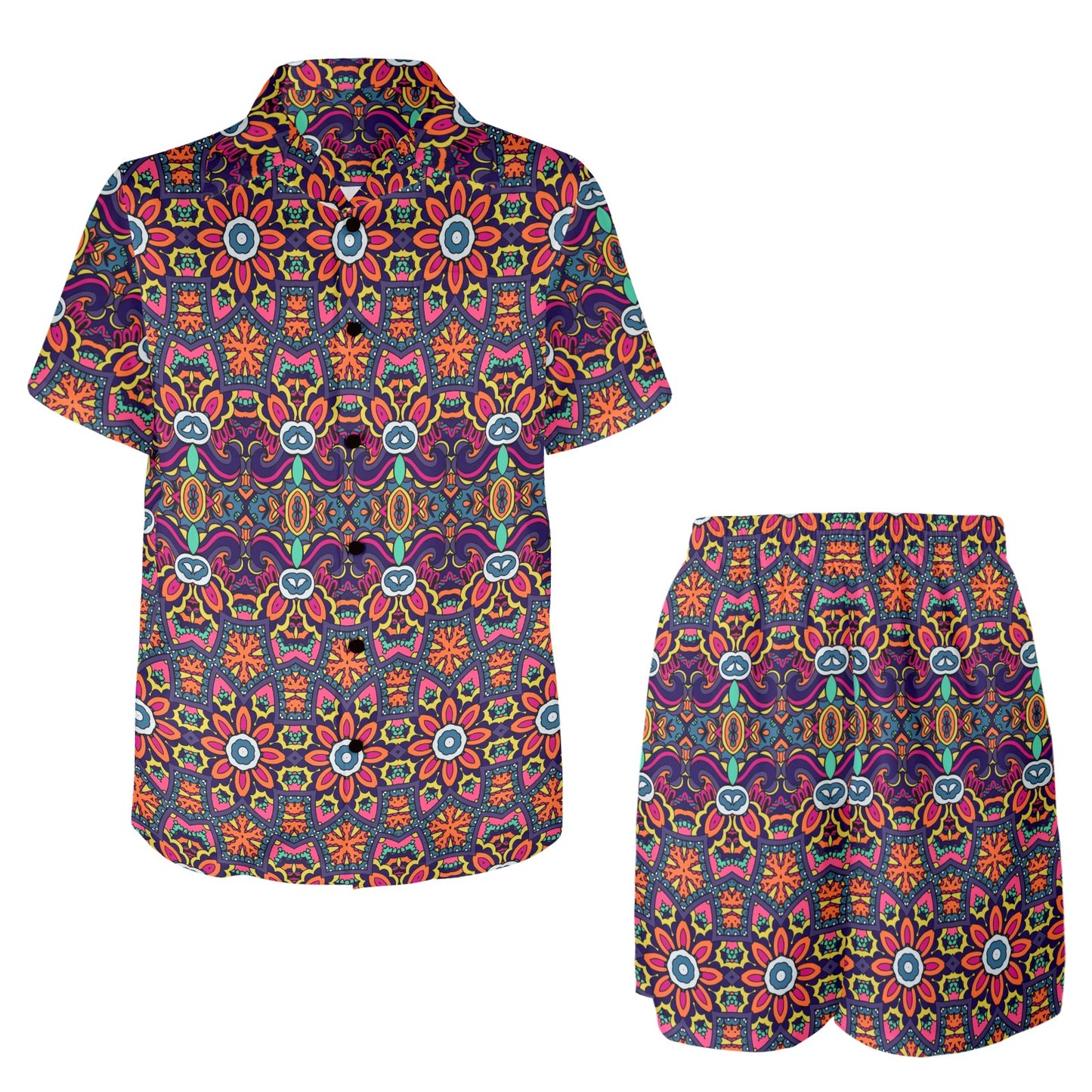 Ethnic Flower Style Print Pattern Men's Beach Shirt and Shorts Set